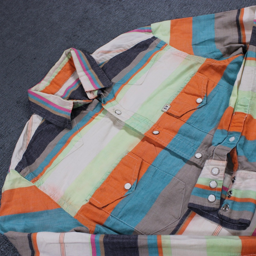 S·V Mens Western Snap Button Shirt Multi-Color Horizontal Stripe Long Sleeve